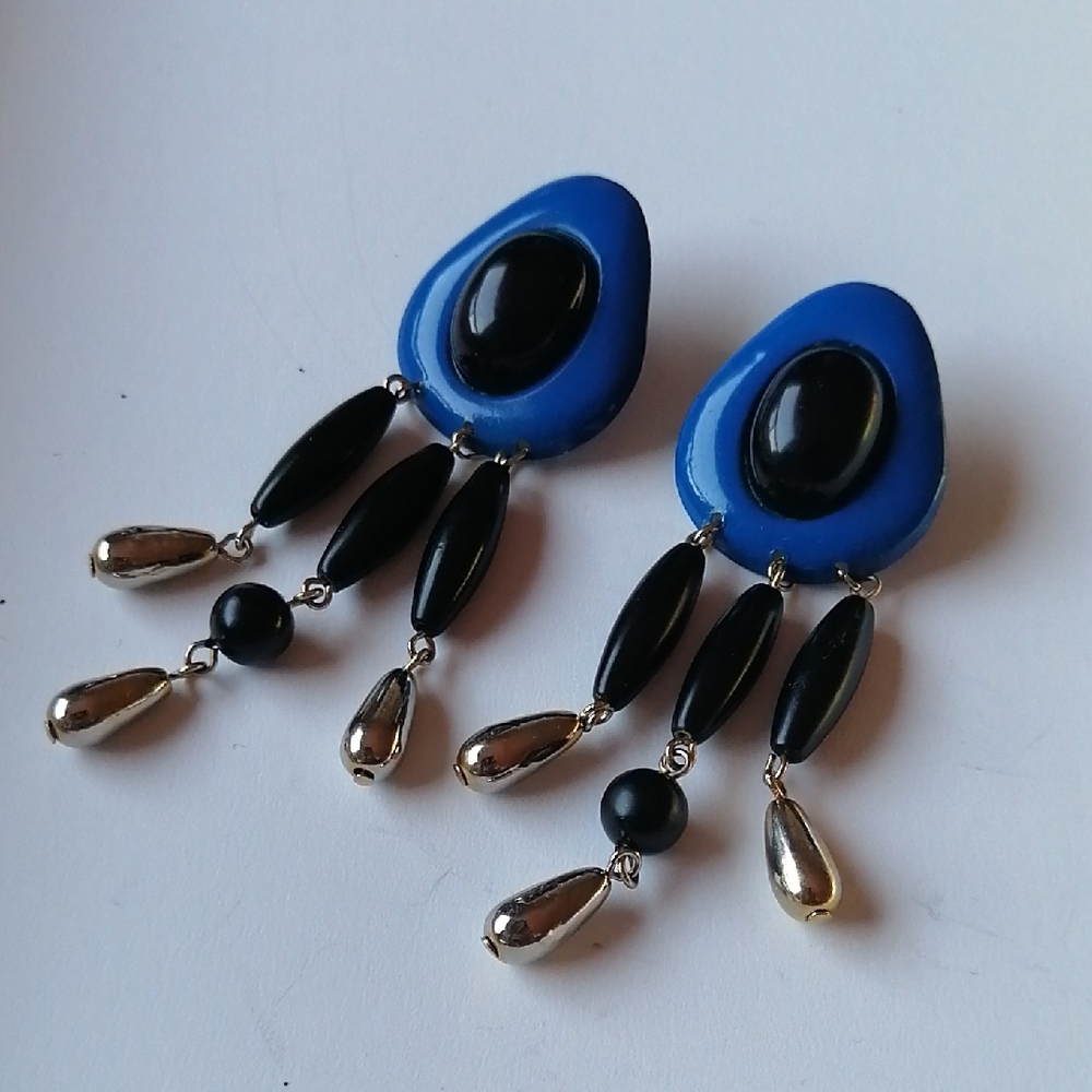 Vintage 1980s Southwestern Style Blue Enamel Black Bohemian Earrings